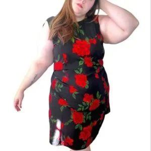 Vintage 90's Black with Red Roses Grunge Midi Dress Plus Size 14/16